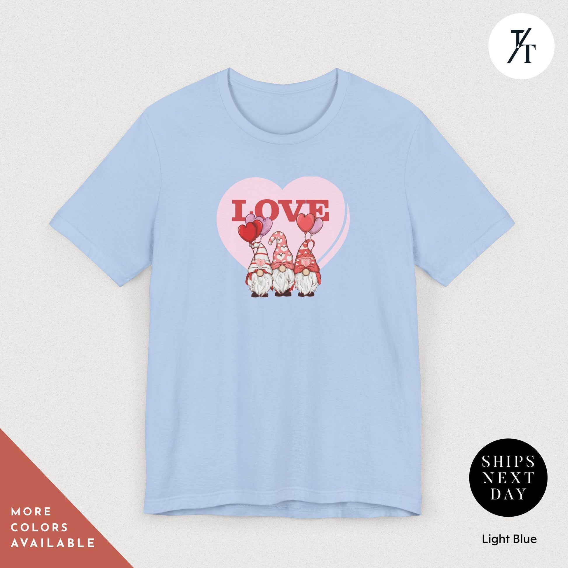 a light blue shirt with a heart and gnomes on it, Gnome Love Shirt Valentines Day Shirt, Valentines Day Gift, Gnome Valentine Tee, Gift For Her, Valentine Tee, Cute Love Heart Gnomes Shirts