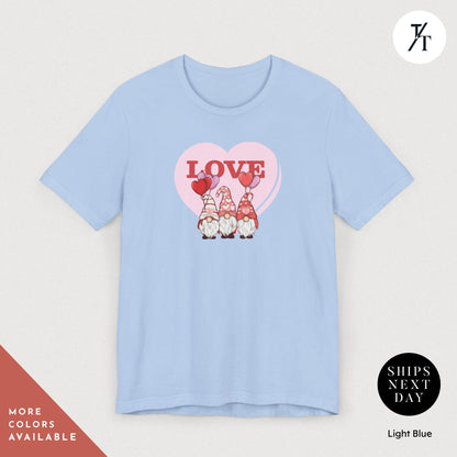 a light blue shirt with a heart and gnomes on it, Gnome Love Shirt Valentines Day Shirt, Valentines Day Gift, Gnome Valentine Tee, Gift For Her, Valentine Tee, Cute Love Heart Gnomes Shirts