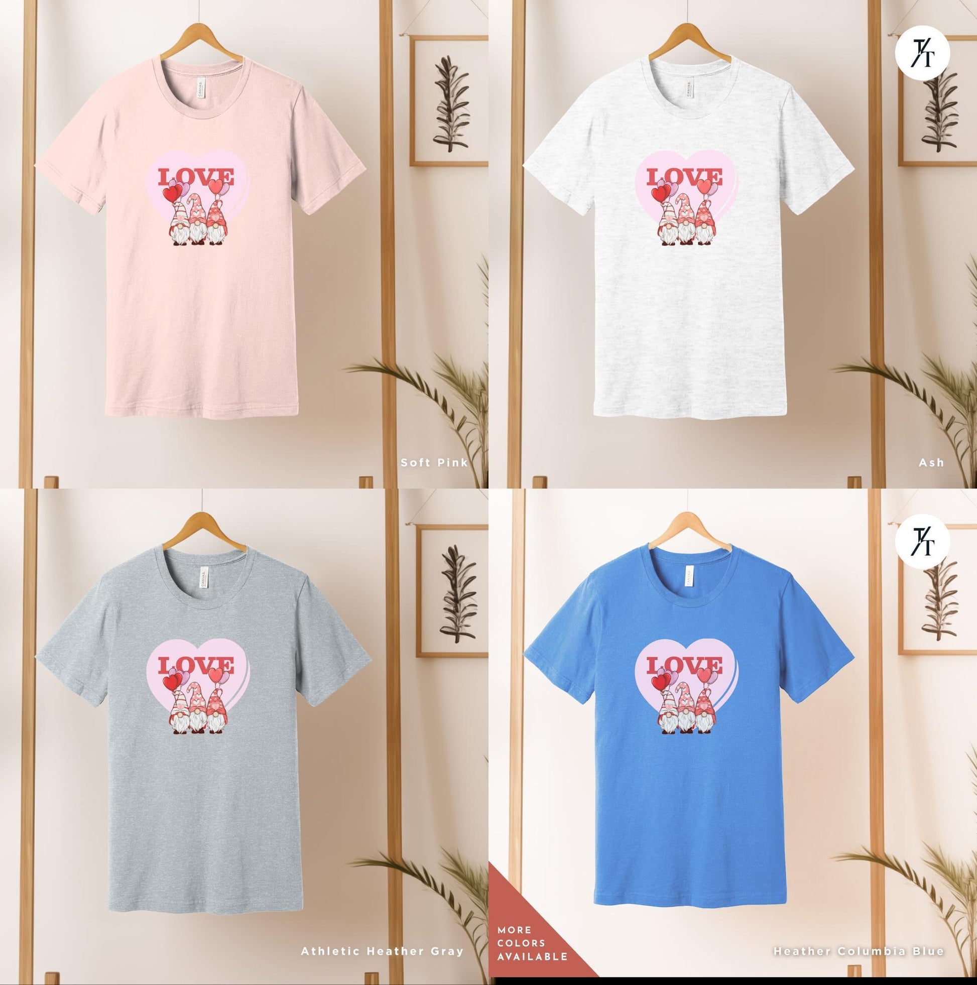 a group of four t - shirts hanging on a wall, Gnome Love Shirt Valentines Day Shirt, Valentines Day Gift, Gnome Valentine Tee, Gift For Her, Valentine Tee, Cute Love Heart Gnomes Shirts