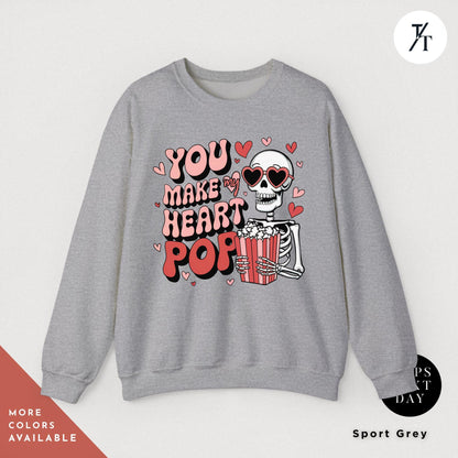 You make my heart pop skeleton Valentines Day Sweatshirt Gift For Her, Funny Popcorn Lover Gift Pop Heart Sweatshirts