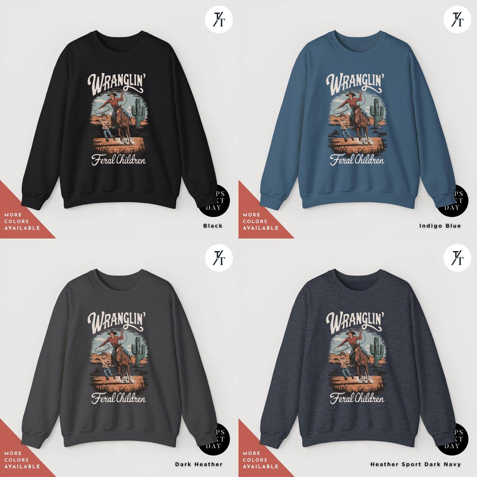 wranglin feral kids sweatshirt, Gift For Mom, Feral Mom Sweatshirt, Western Raccoon Cowboy sweater, Funny Parenting Humor Mother&#39;S Day Gift