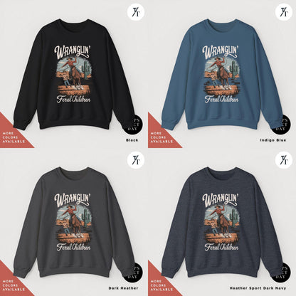 wranglin feral kids sweatshirt, Gift For Mom, Feral Mom Sweatshirt, Western Raccoon Cowboy sweater, Funny Parenting Humor Mother&#39;S Day Gift