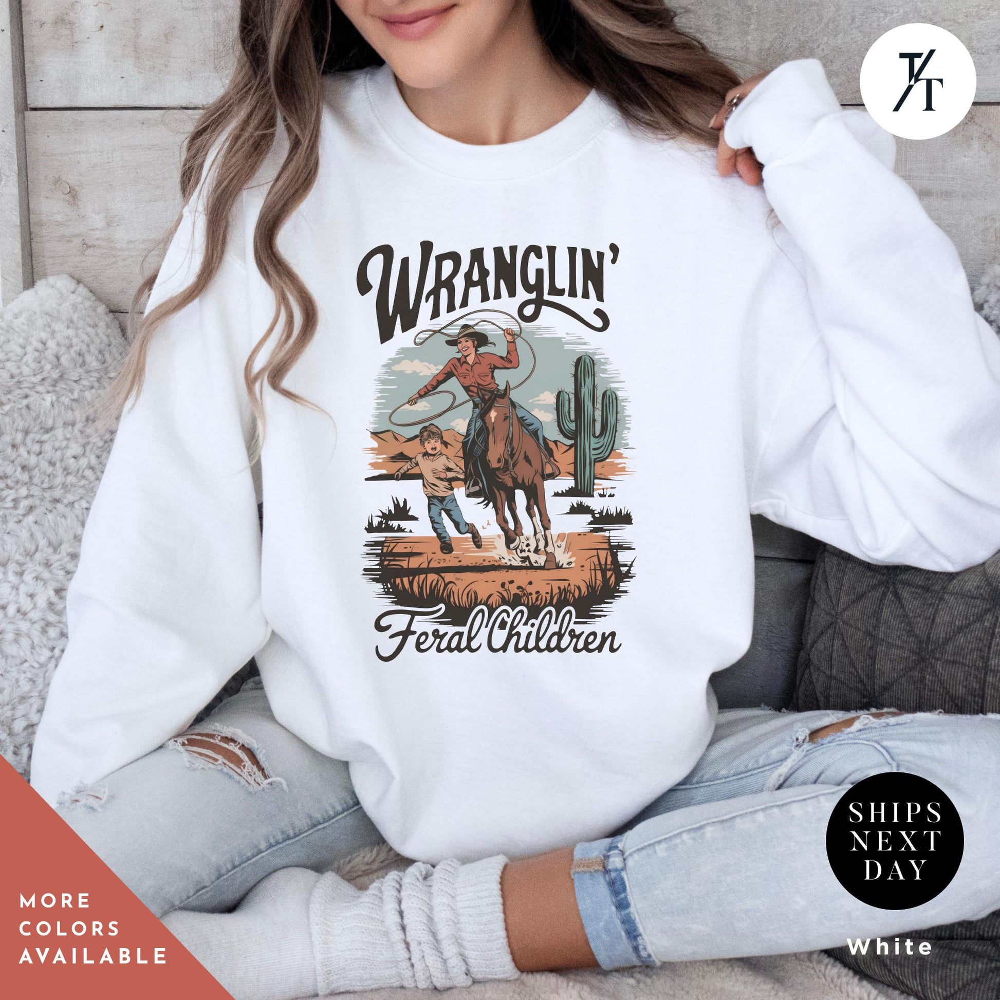 wranglin feral kids sweatshirt, Gift For Mom, Feral Mom Sweatshirt, Western Raccoon Cowboy sweater, Funny Parenting Humor Mother&#39;S Day Gift