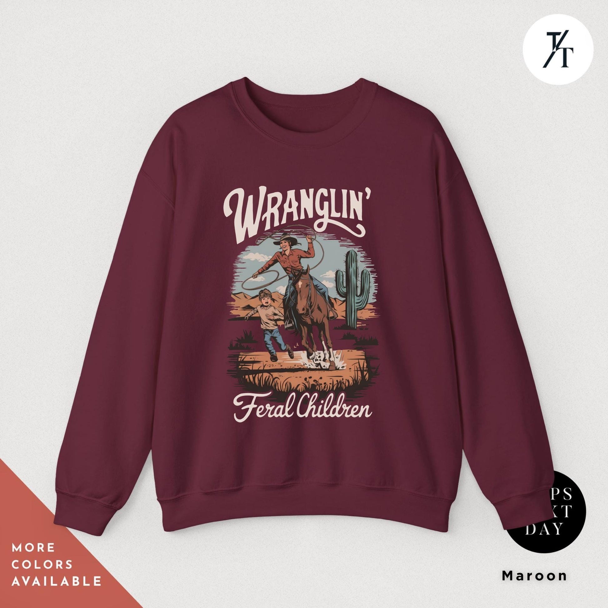 wranglin feral kids sweatshirt, Gift For Mom, Feral Mom Sweatshirt, Western Raccoon Cowboy sweater, Funny Parenting Humor Mother&#39;S Day Gift