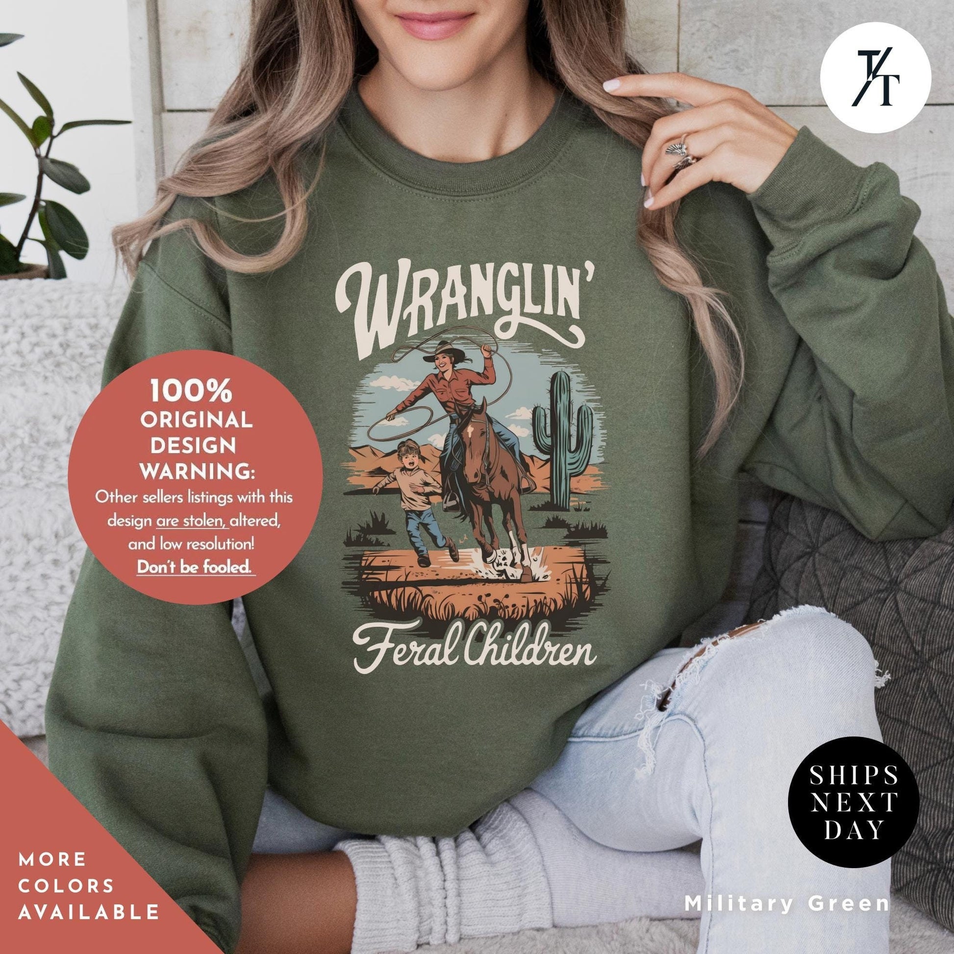 wranglin feral kids sweatshirt, Gift For Mom, Feral Mom Sweatshirt, Western Raccoon Cowboy sweater, Funny Parenting Humor Mother&#39;S Day Gift