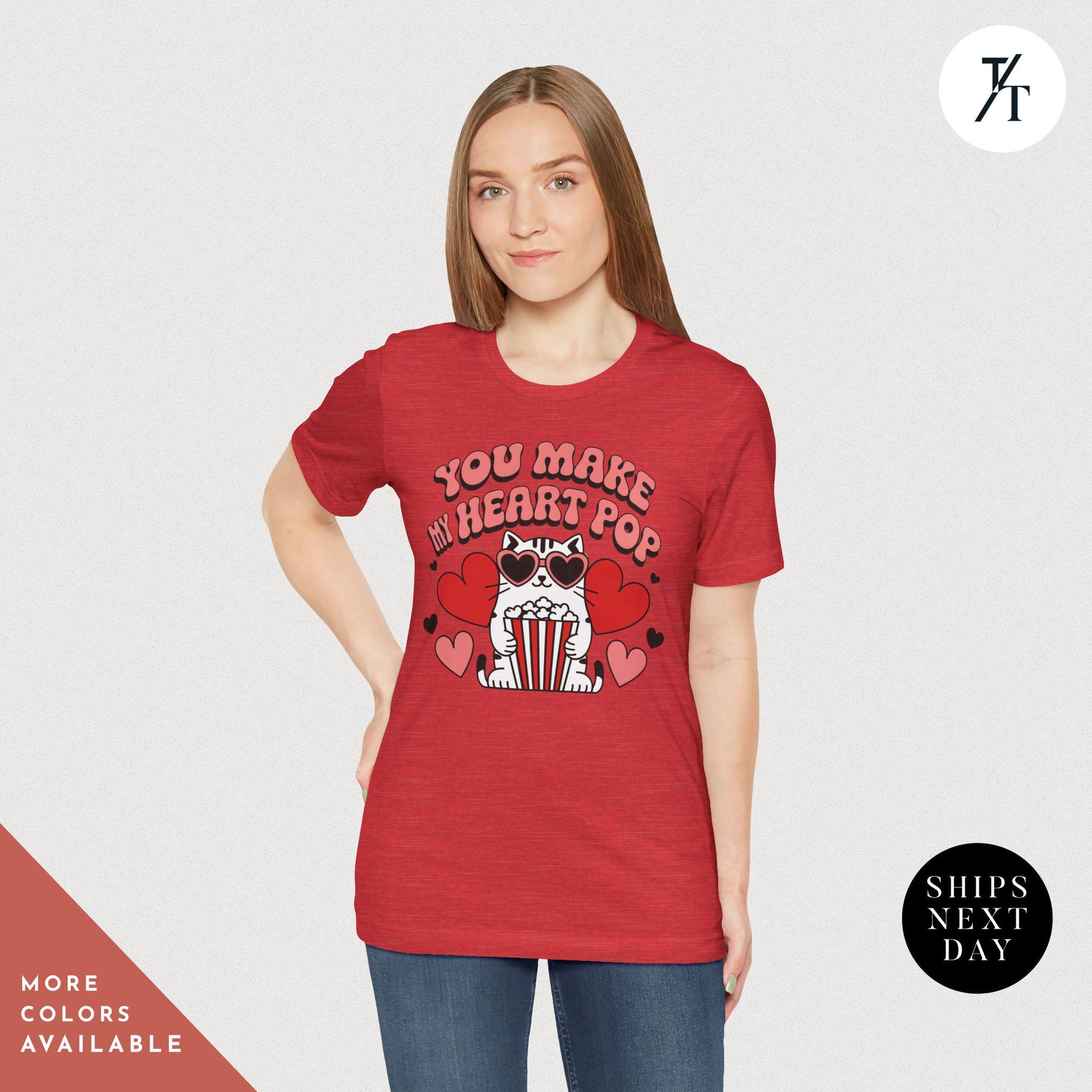 a woman wearing a t - shirt with the words You Make My Heart Pop Shirt, Valentine Cat Shirt, Retro Valentines Day Shirts, Funny Valentine Tee, Cute Popcorn Valentines Gift for Her