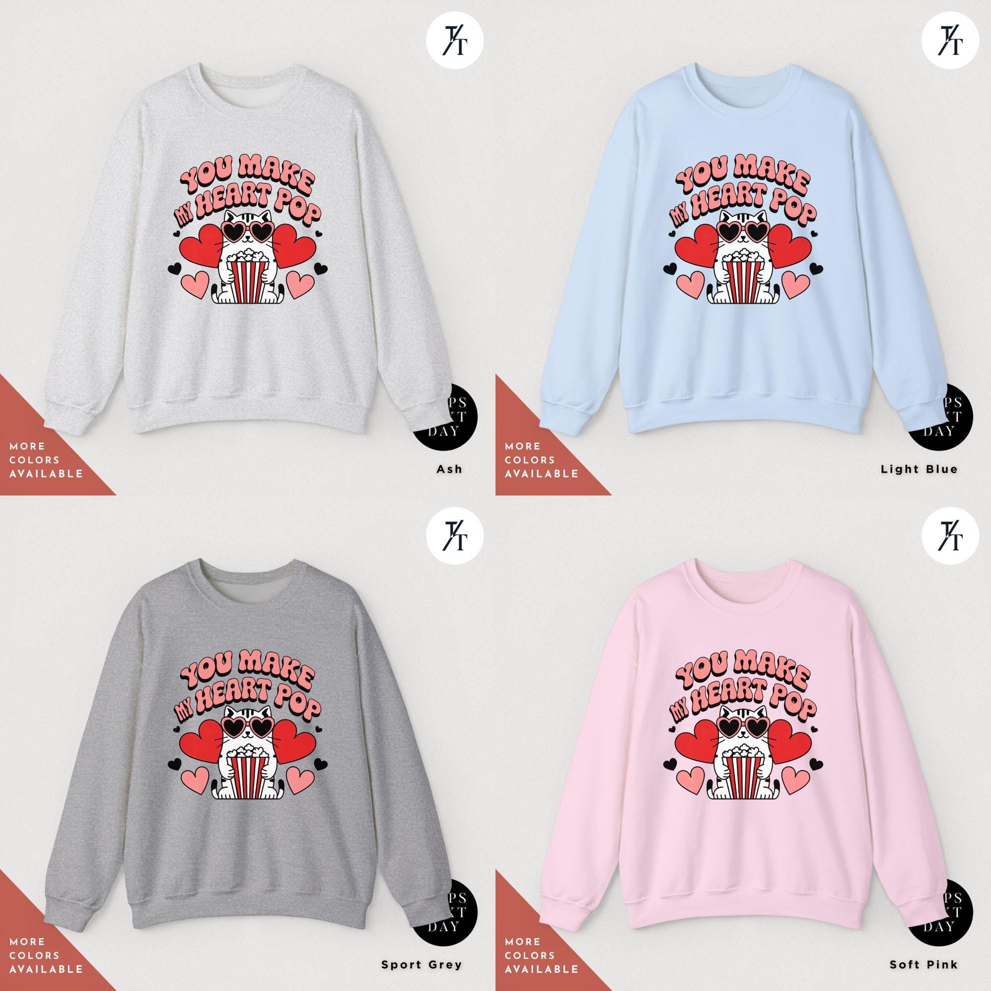 4 sweatshirts of various colors that say you make my heart pop Cat Sweatshirt, Funny Valentine Cat Hoodie, Retro Valentines Day Sweatshirt, Cute Gift for Cat Lovers sweater