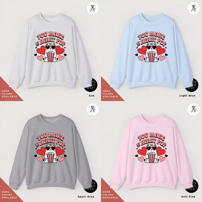 4 sweatshirts of various colors that say you make my heart pop Cat Sweatshirt, Funny Valentine Cat Hoodie, Retro Valentines Day Sweatshirt, Cute Gift for Cat Lovers sweater