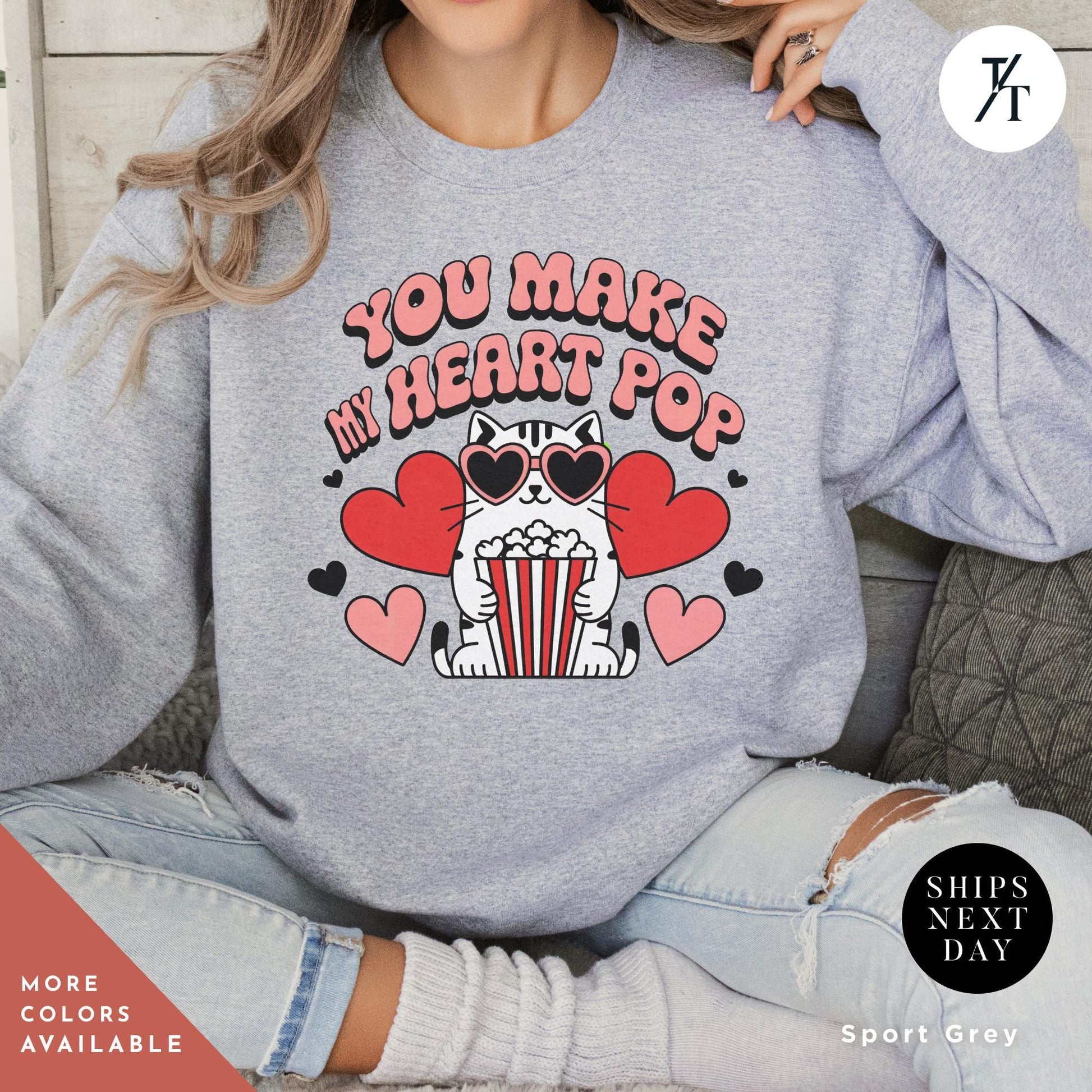 a woman wearing a t - shirt with the words You Make My Heart Pop Shirt, Valentine Cat Shirt, Retro Valentines Day Shirts, Funny Valentine Tee, Cute Popcorn Valentines Gift for Her