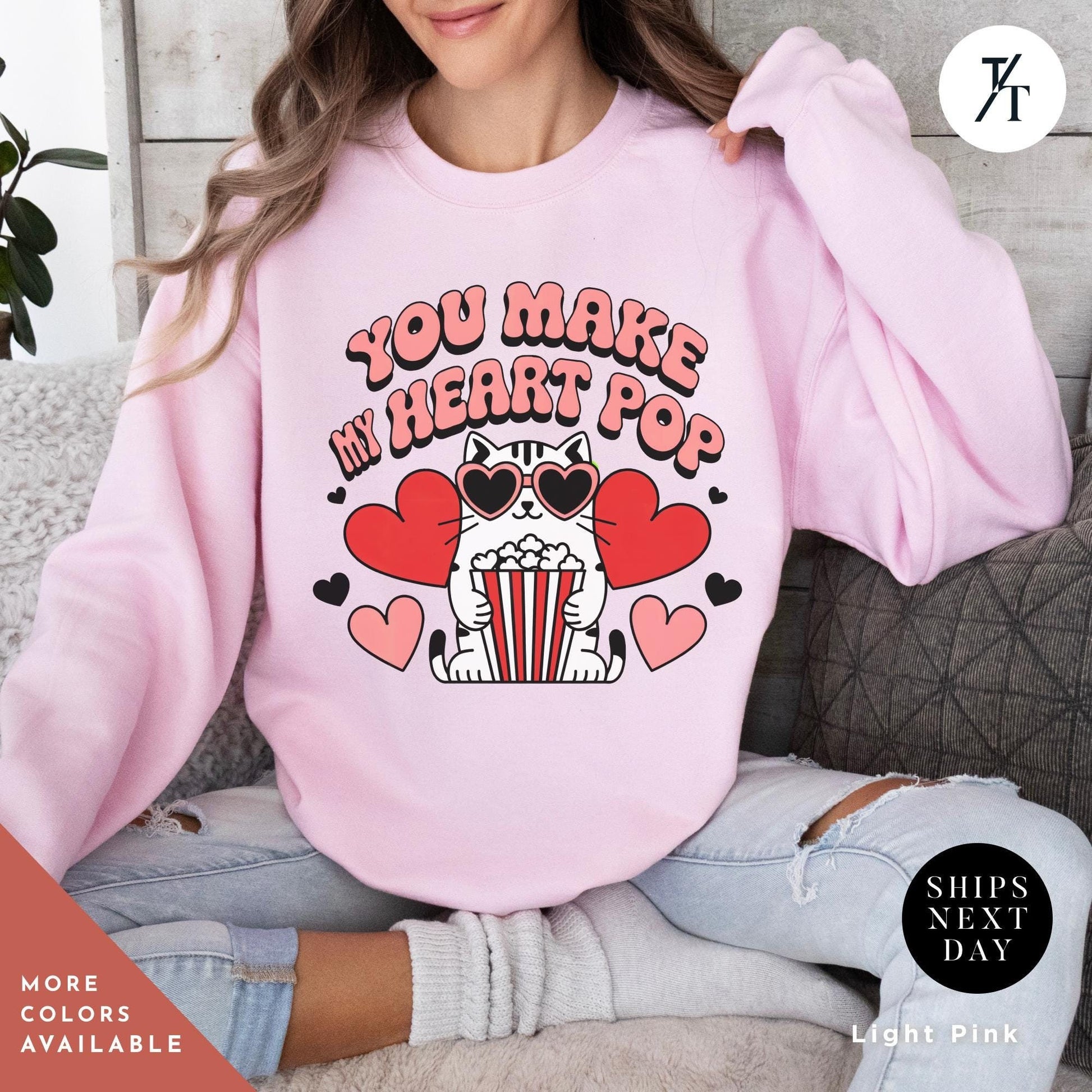 a woman wearing a t - shirt with the words You Make My Heart Pop Shirt, Valentine Cat Shirt, Retro Valentines Day Shirts, Funny Valentine Tee, Cute Popcorn Valentines Gift for Her