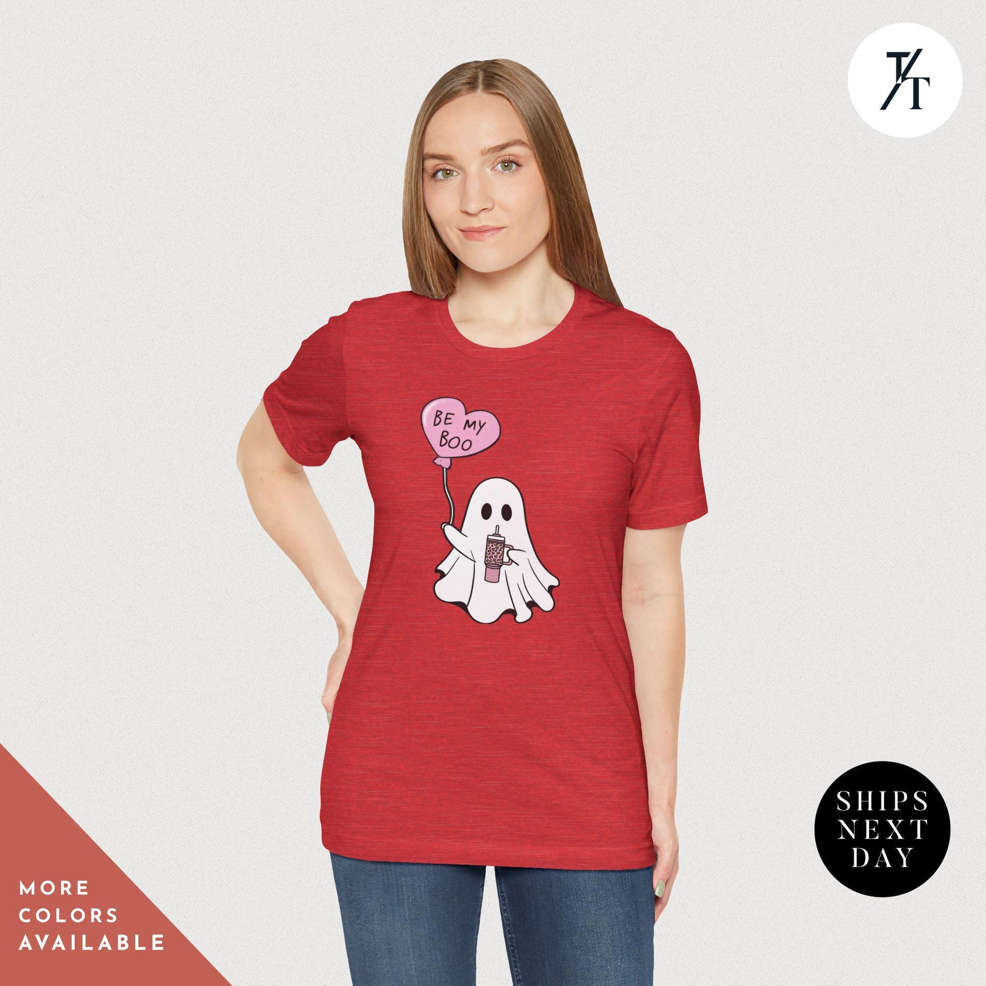 a woman wearing a red shirt with a ghost holding a heart balloon that says Be My Boo Ghost Shirt, Boo Valentine Cute Ghost Shirt, Cute Valentine Ghosts Tee, Retro Valentines Day Shirts, Valentines Ghosts Lover Gift