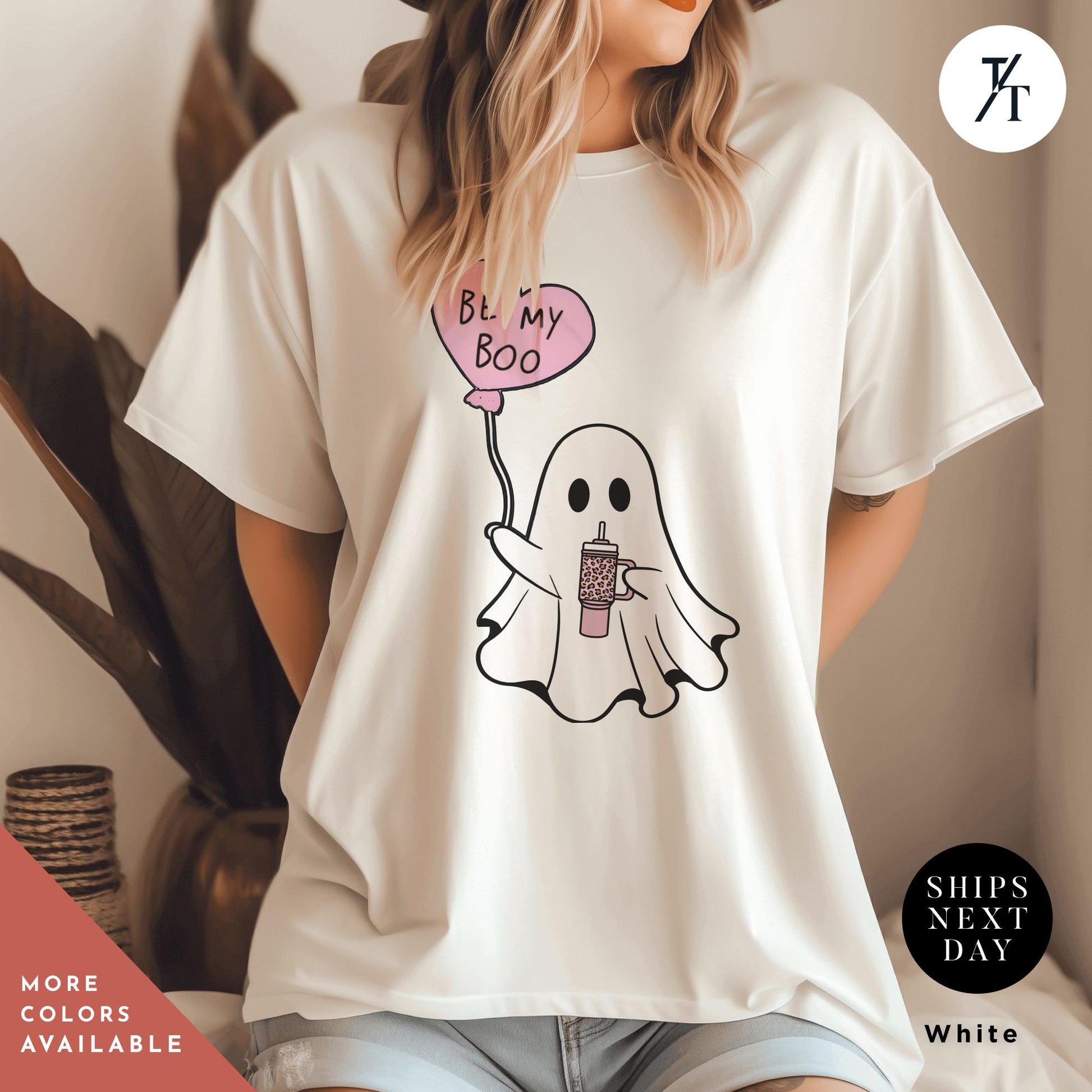 a woman wearing a white shirt with a ghost holding a heart balloon that says Be My Boo Ghost Shirt, Boo Valentine Cute Ghost Shirt, Cute Valentine Ghosts Tee, Retro Valentines Day Shirts, Valentines Ghosts Lover Gift