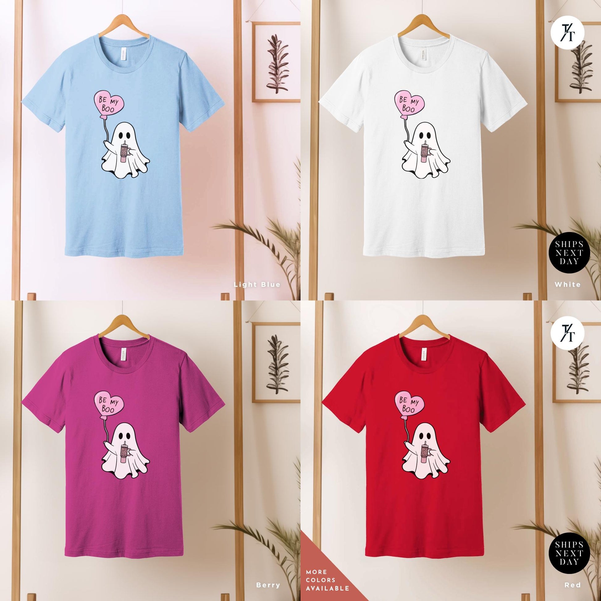 a grid of 4 shirts of various colors with a ghost holding a heart balloon that says Be My Boo Ghost Shirt, Boo Valentine Cute Ghost Shirt, Cute Valentine Ghosts Tee, Retro Valentines Day Shirts, Valentines Ghosts Lover Gift