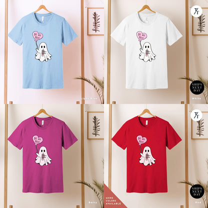 a grid of 4 shirts of various colors with a ghost holding a heart balloon that says Be My Boo Ghost Shirt, Boo Valentine Cute Ghost Shirt, Cute Valentine Ghosts Tee, Retro Valentines Day Shirts, Valentines Ghosts Lover Gift