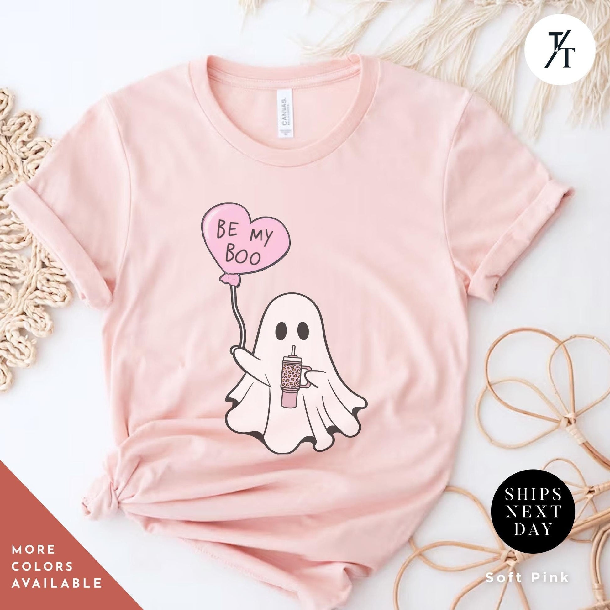 a pink shirt with a ghost holding a heart balloon that says Be My Boo Ghost Shirt, Boo Valentine Cute Ghost Shirt, Cute Valentine Ghosts Tee, Retro Valentines Day Shirts, Valentines Ghosts Lover Gift