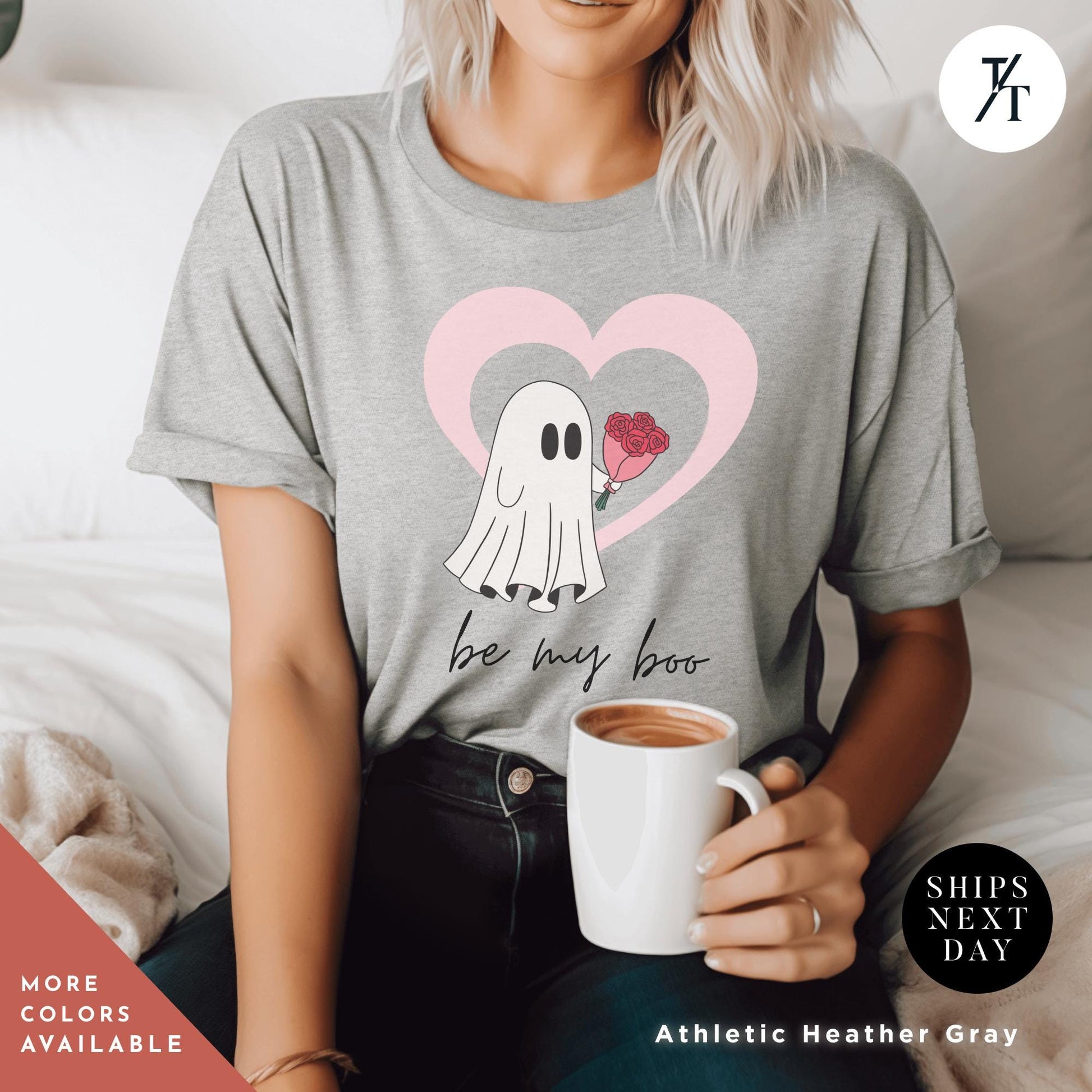a woman wearing a grey shirt with a ghost holding a heart balloon that says Be My Boo Ghost Shirt, Boo Valentine Cute Ghost Shirt, Cute Valentine Ghosts Tee, Retro Valentines Day Shirts, Valentines Ghosts Lover Gift