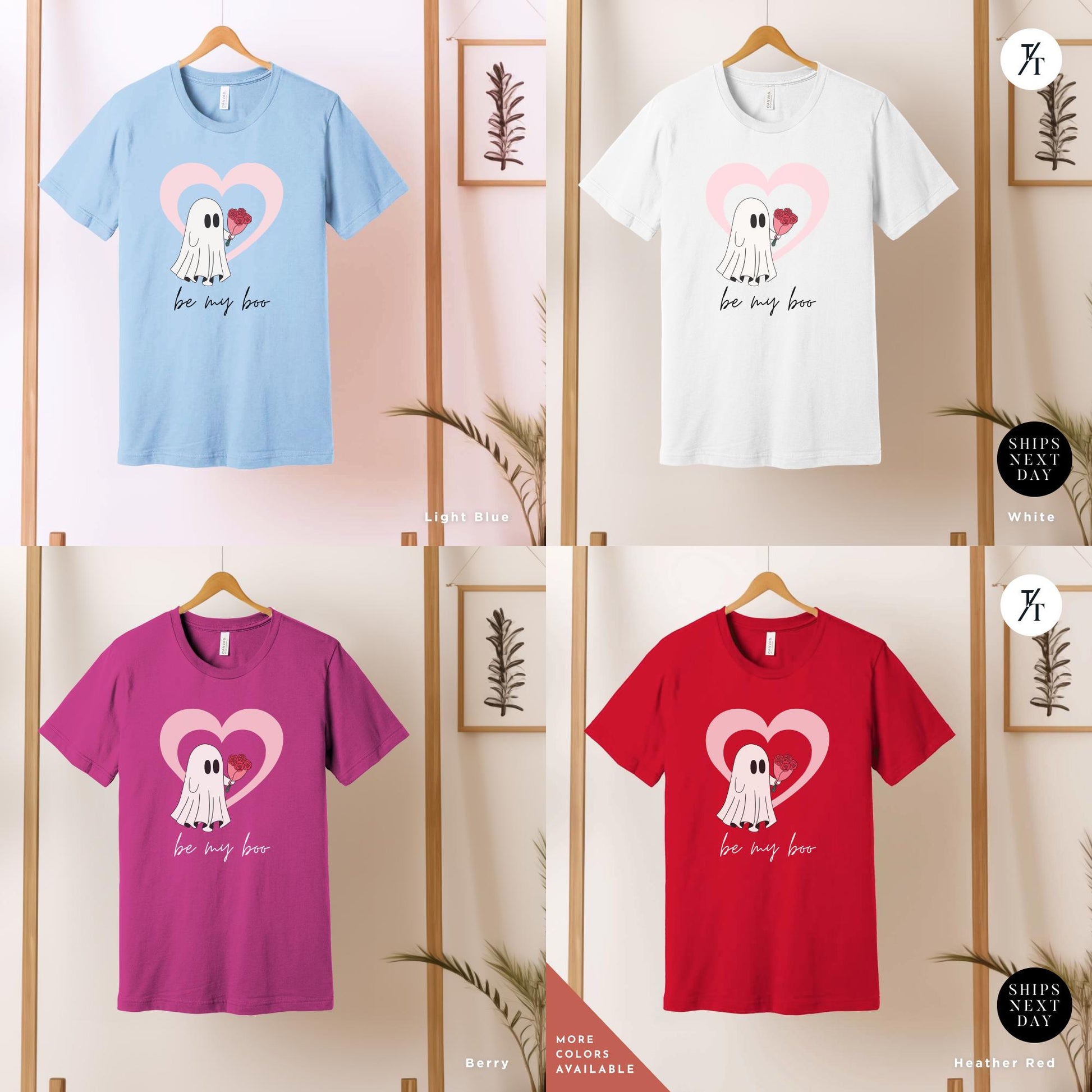 a grid of 4 shirts of various colors with a ghost holding a heart balloon that says Be My Boo Ghost Shirt, Boo Valentine Cute Ghost Shirt, Cute Valentine Ghosts Tee, Retro Valentines Day Shirts, Valentines Ghosts Lover Gift