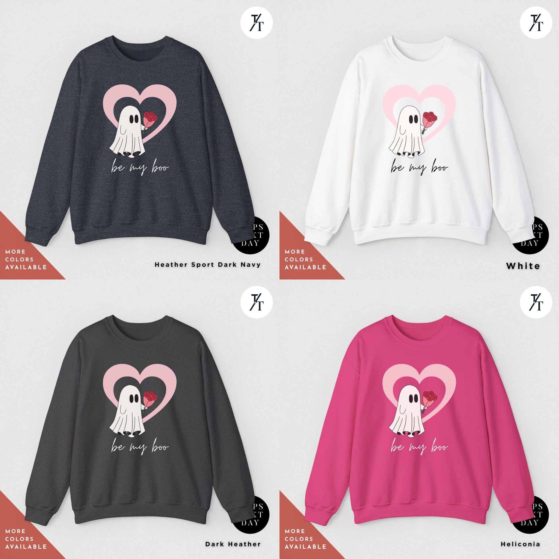 a grid of 4 sweatshirts of various colors with featuring a ghost holding a heart balloon, Be My Boo Sweatshirt, ghost sweater, valentines day hoodie, Valentine Sweatshirt, Heart Sweatshirts, Ghost Sweater, Be Mine Sweatshirts Xoxo