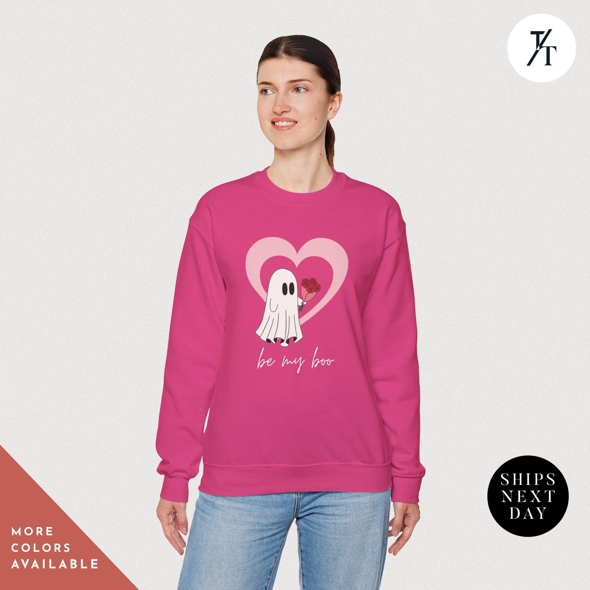a woman wearing a pink sweatshirt with a picture ghost with roses that says Be My Boo Sweatshirt, ghost sweater, valentines day hoodie, Valentine Sweatshirt, Heart Sweatshirts, Ghost Sweater, Be Mine Sweatshirts Xoxo