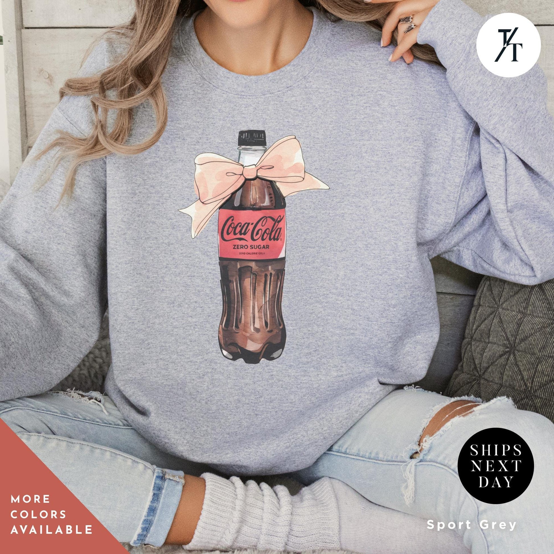 I need a coke zero sweatshirt Coke Zero Lover Coquette sweatshirt with Pink bow, Trendy Gift For Her, Ironic Minimalist Coca Cola Design