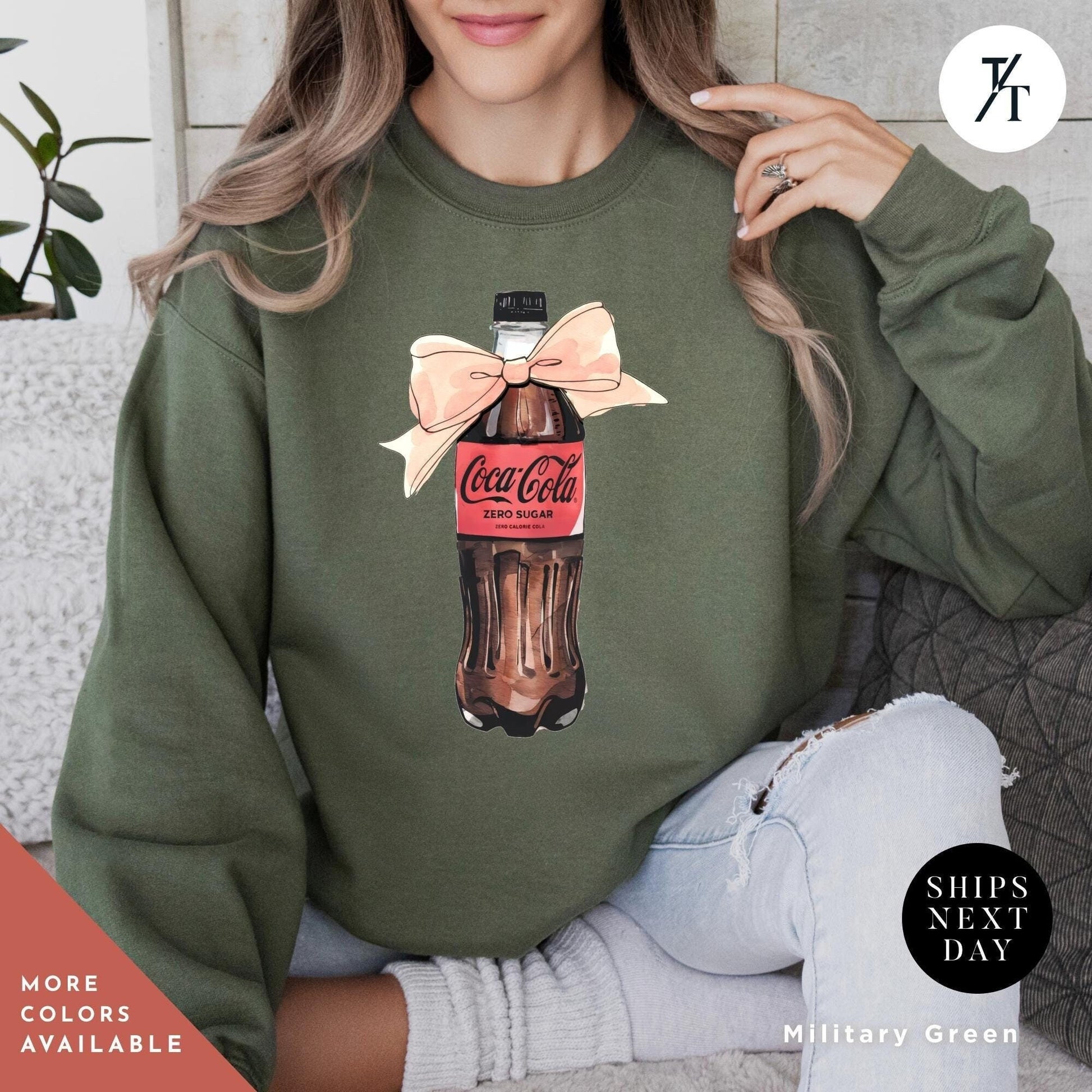 I need a coke zero sweatshirt Coke Zero Lover Coquette sweatshirt with Pink bow, Trendy Gift For Her, Ironic Minimalist Coca Cola Design
