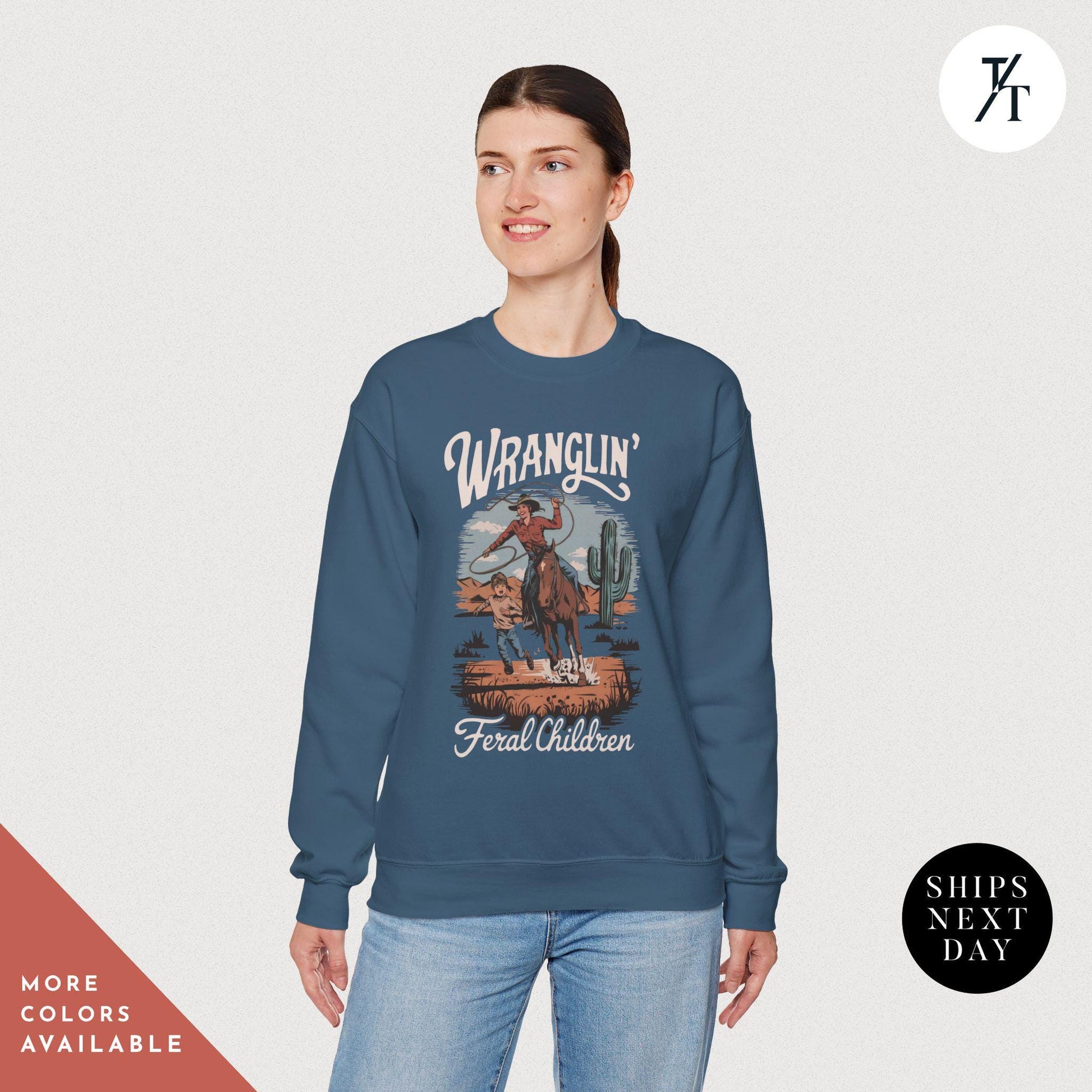 wranglin feral kids sweatshirt, Gift For Mom, Feral Mom Sweatshirt, Western Raccoon Cowboy sweater, Funny Parenting Humor Mother&#39;S Day Gift
