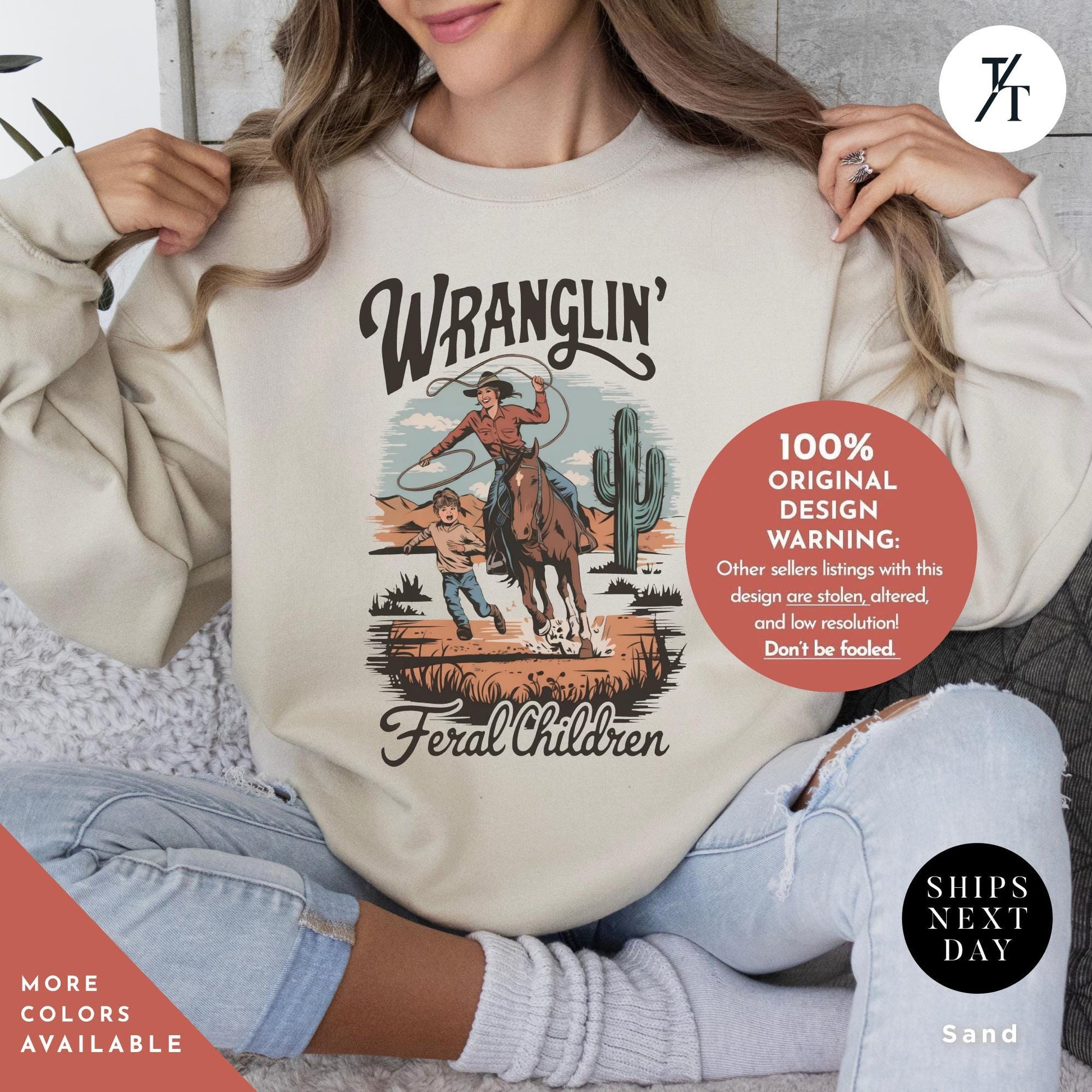 wranglin feral kids sweatshirt, Gift For Mom, Feral Mom Sweatshirt, Western Raccoon Cowboy sweater, Funny Parenting Humor Mother&#39;S Day Gift