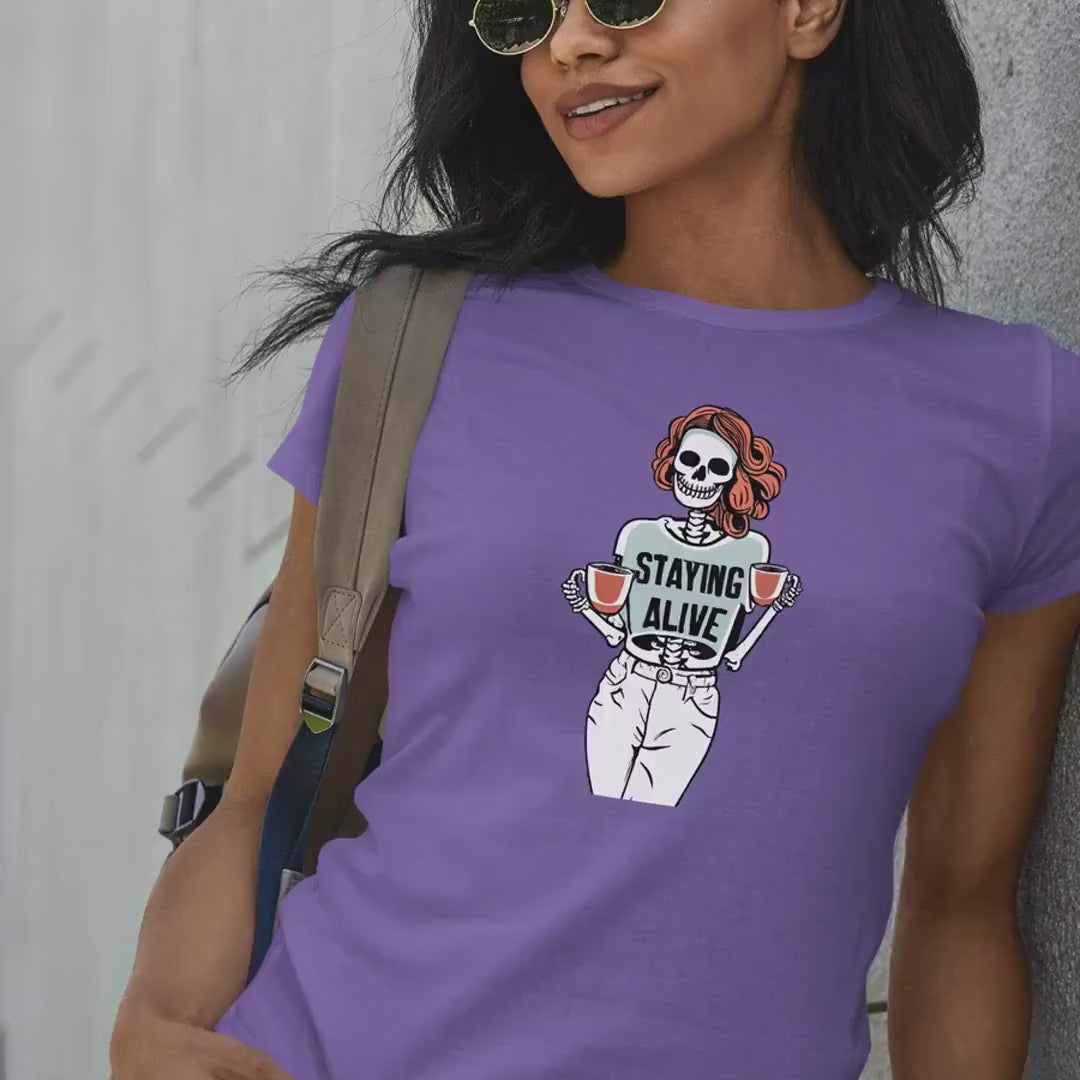 Stay Alive Trendy Coffee Shirt, Funny Skeleton T-Shirt, Coffee Lovers Gift, Skull Vintage, Halloween Tshirt, Women's Funny mom Tee