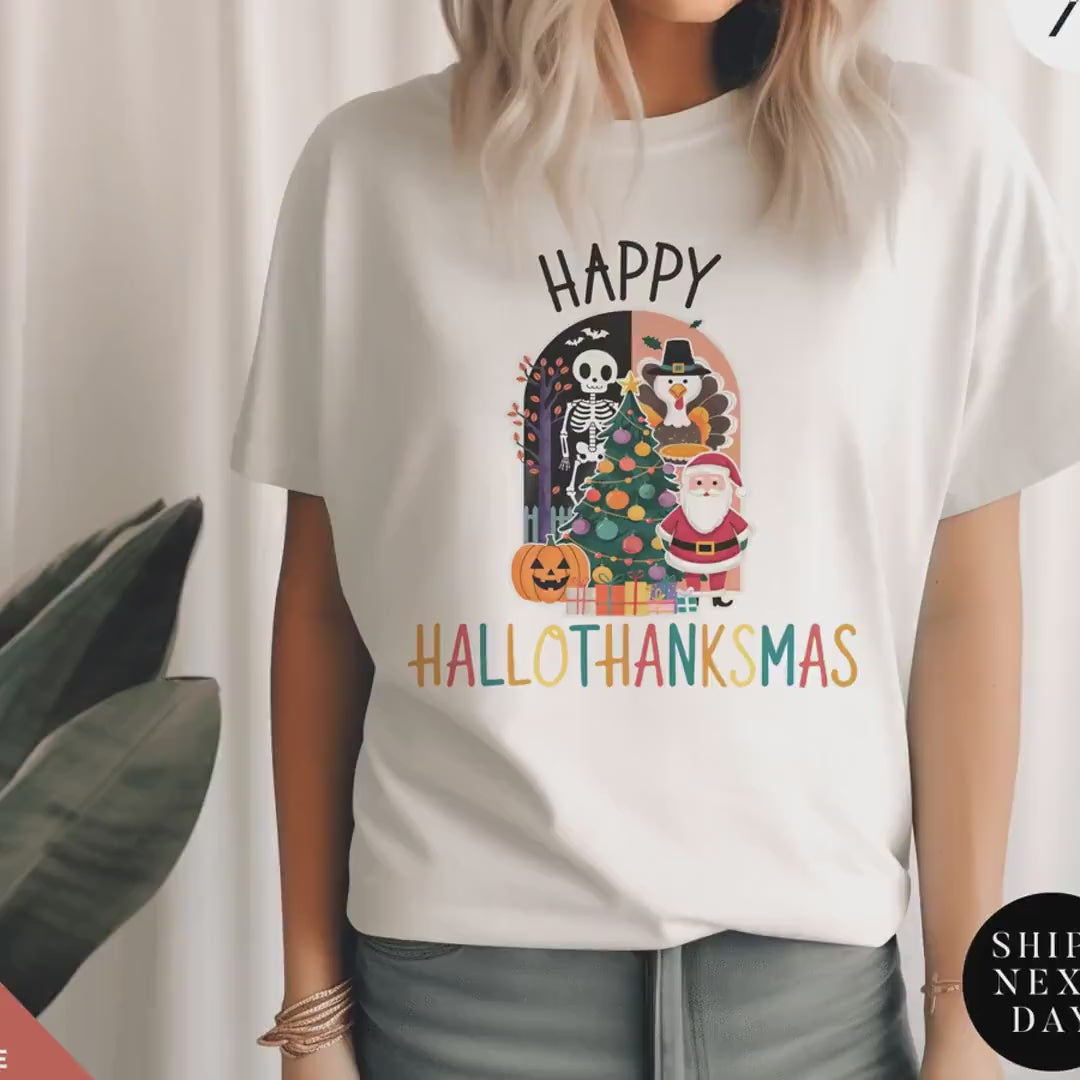 happy hallothanksmas shirt holiday season shirt happy halloween thanksgiving christmas shirts funny halloween gift, fall shirts autumn tee