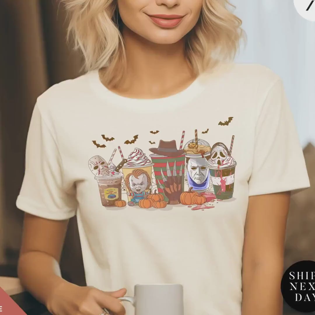 Halloween horror characters coffee shirt Coffee Cups Shirt Horror Character, Halloween Drink Cozy Fall Pumpkin Spice Latte Womens Fall tee
