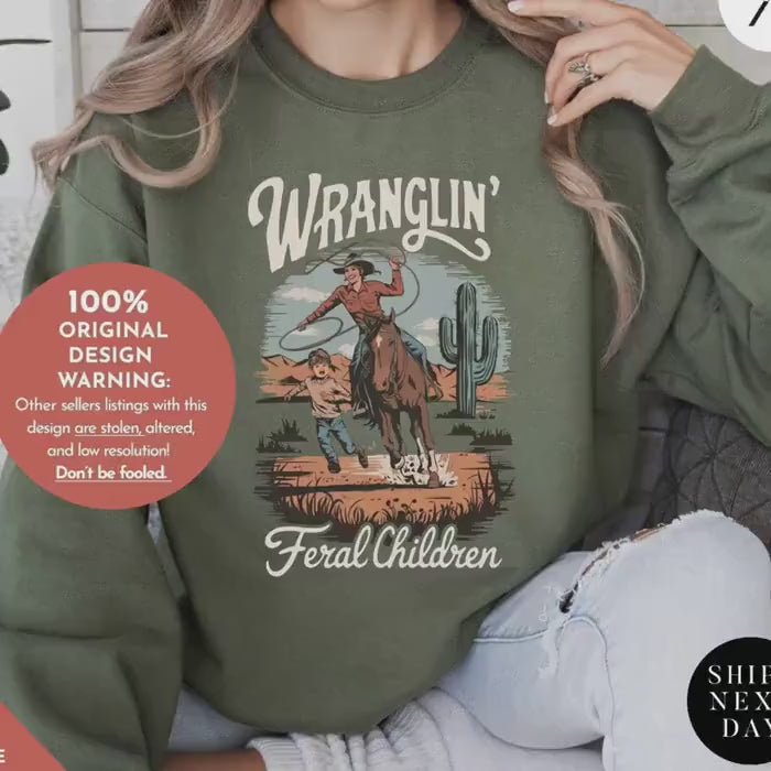 wranglin feral kids sweatshirt, Gift For Mom, Feral Mom Sweatshirt,  Western Raccoon Cowboy sweater, Funny Parenting Humor Mother'S Day Gift