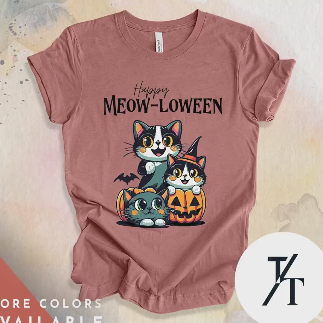 Retro Halloween Cats shirt, Cute 'Happy Meowloween' spooky season black cat lover t-shirt, trendy kitty halloween tee, jack o lanterns